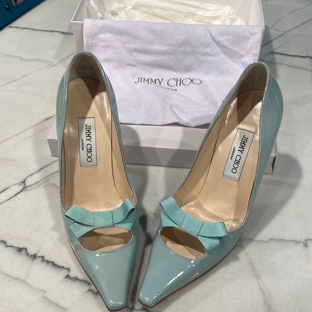 Jimmy Choo limited edition duck blue patent heel grosgrain ribbon